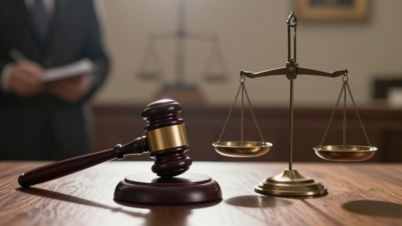 Gavel and scales of justice in a courtroom.