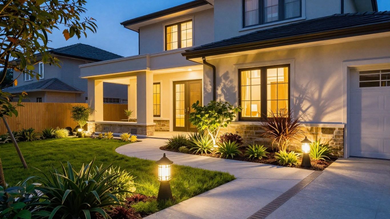 LED outdoor lights illuminating a home's exterior at night.