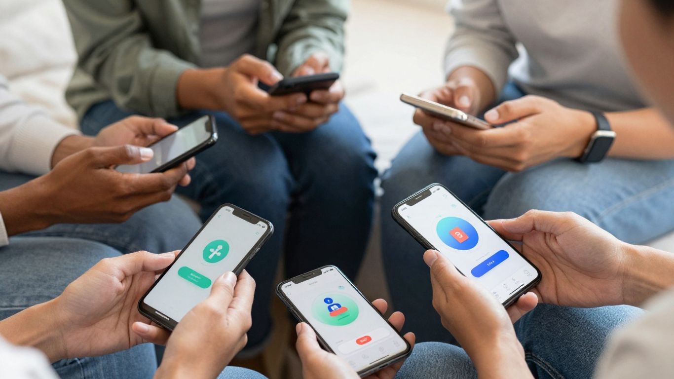 Pessoas usando aplicativos de saúde e bem-estar em smartphones.