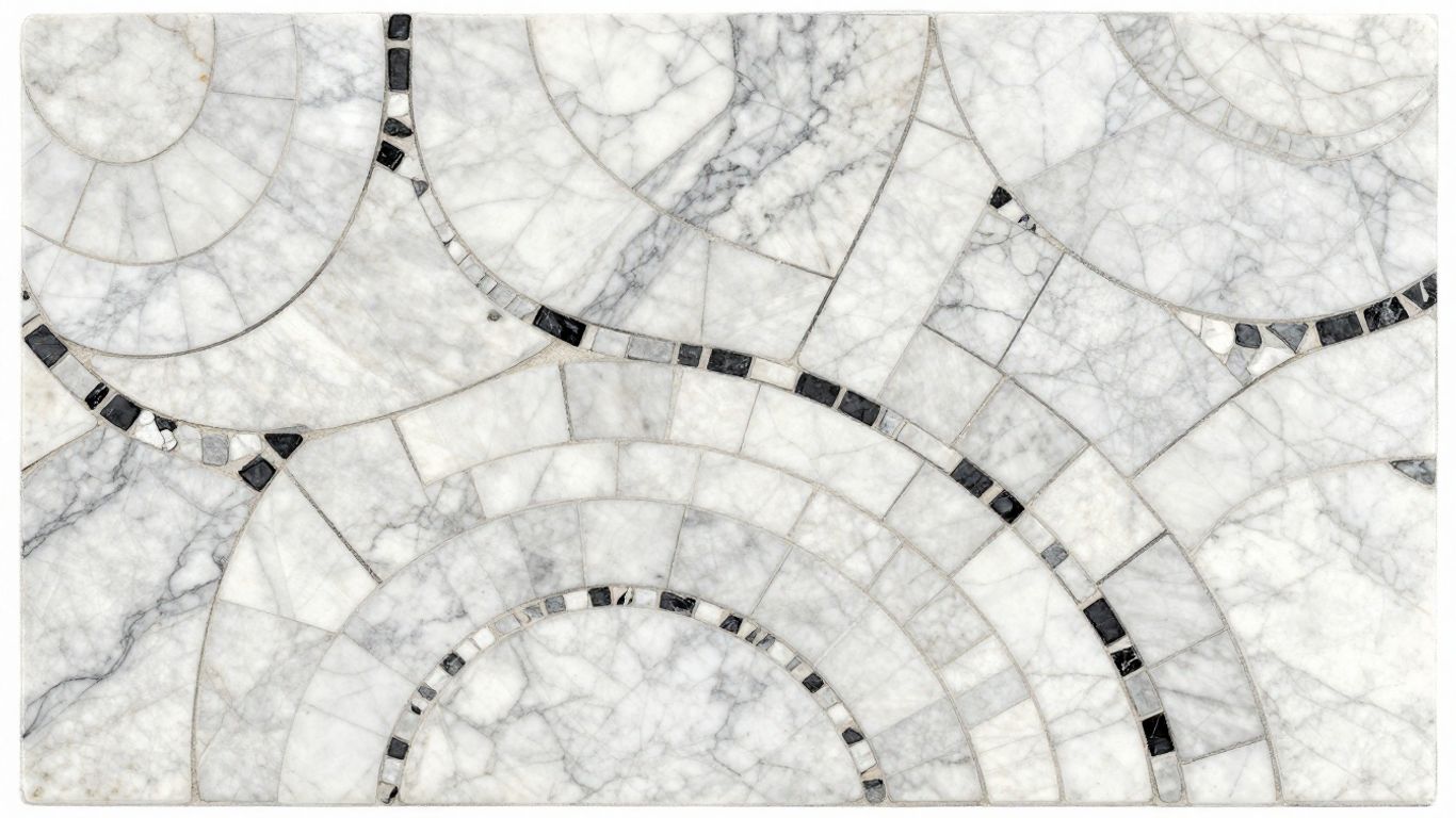 Thassos white marble pinwheel mosaic with black accents.