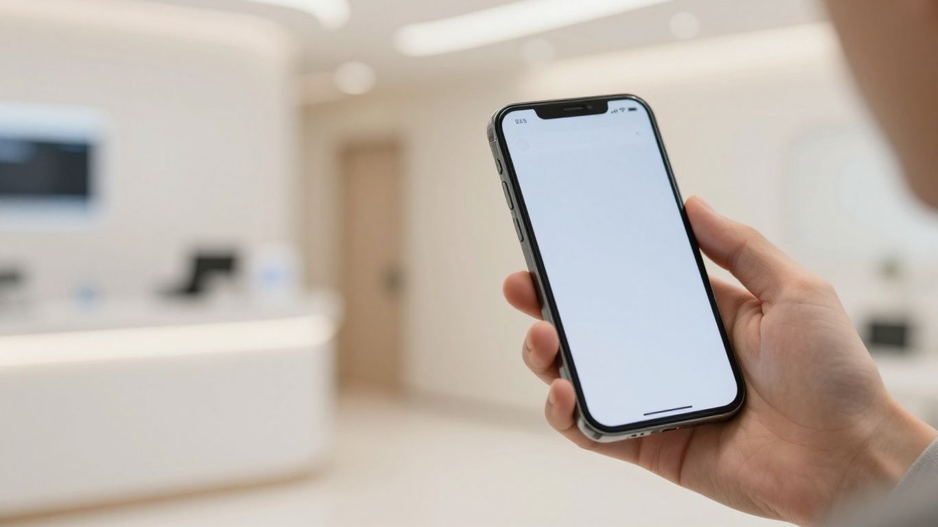 Aesthetic clinic interior and a hand holding a smartphone.