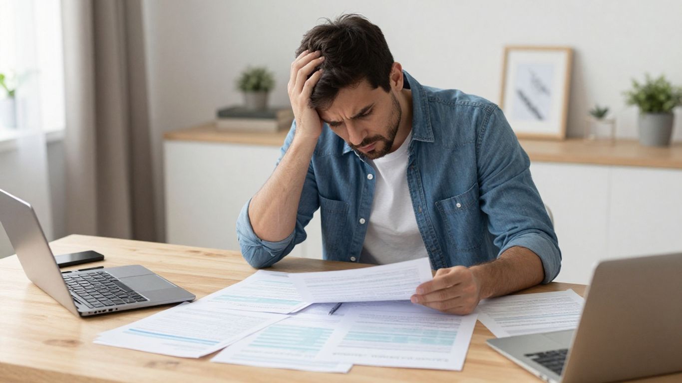 Selbstständiger mit Steuerunterlagen und Taschenrechner am Schreibtisch.