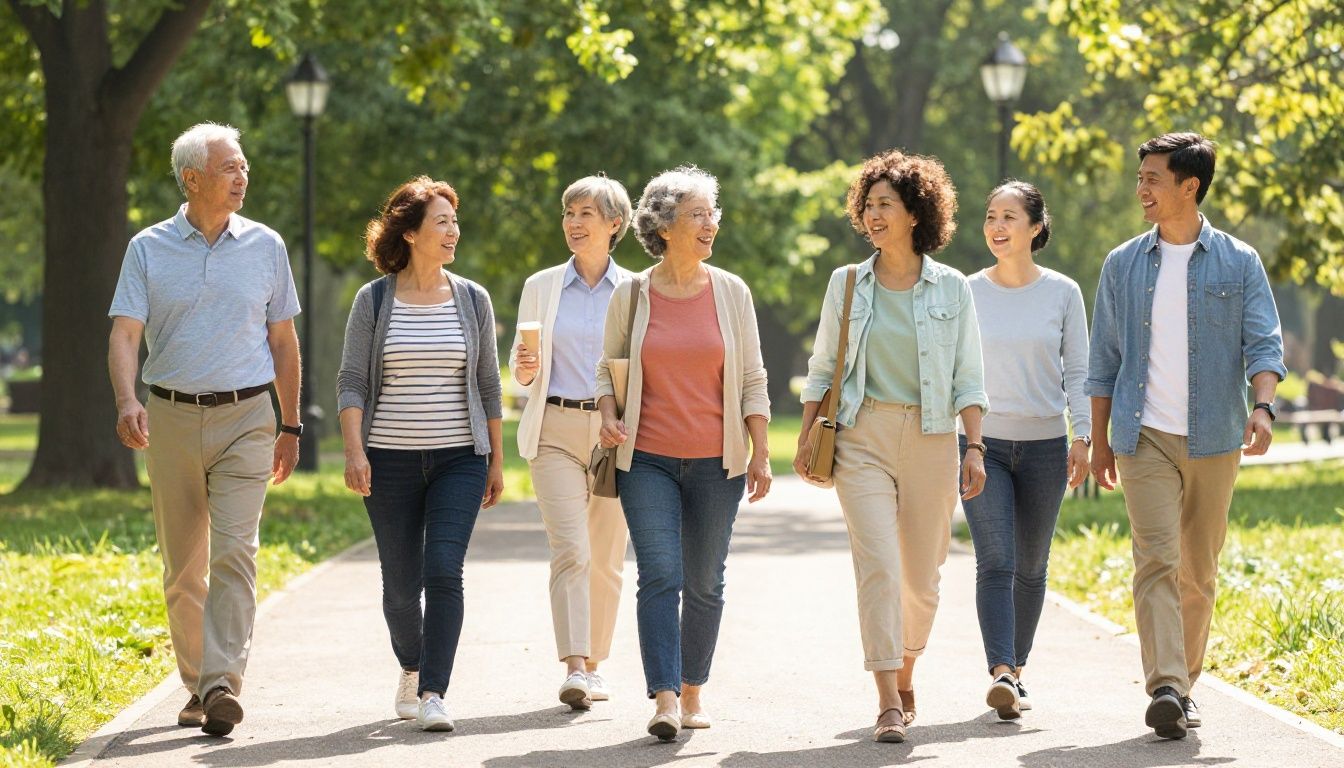 A diverse group of adults in their 40s and 50s enjoying a light, leisurely walk through a park on a sunny afternoon after a meal.