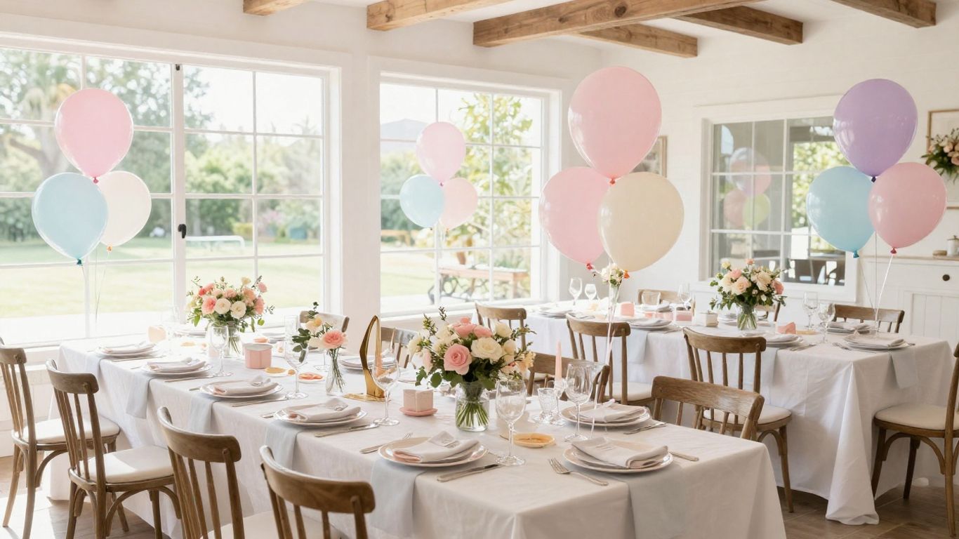 Elegant Dallas baby shower venue with balloons and flowers.