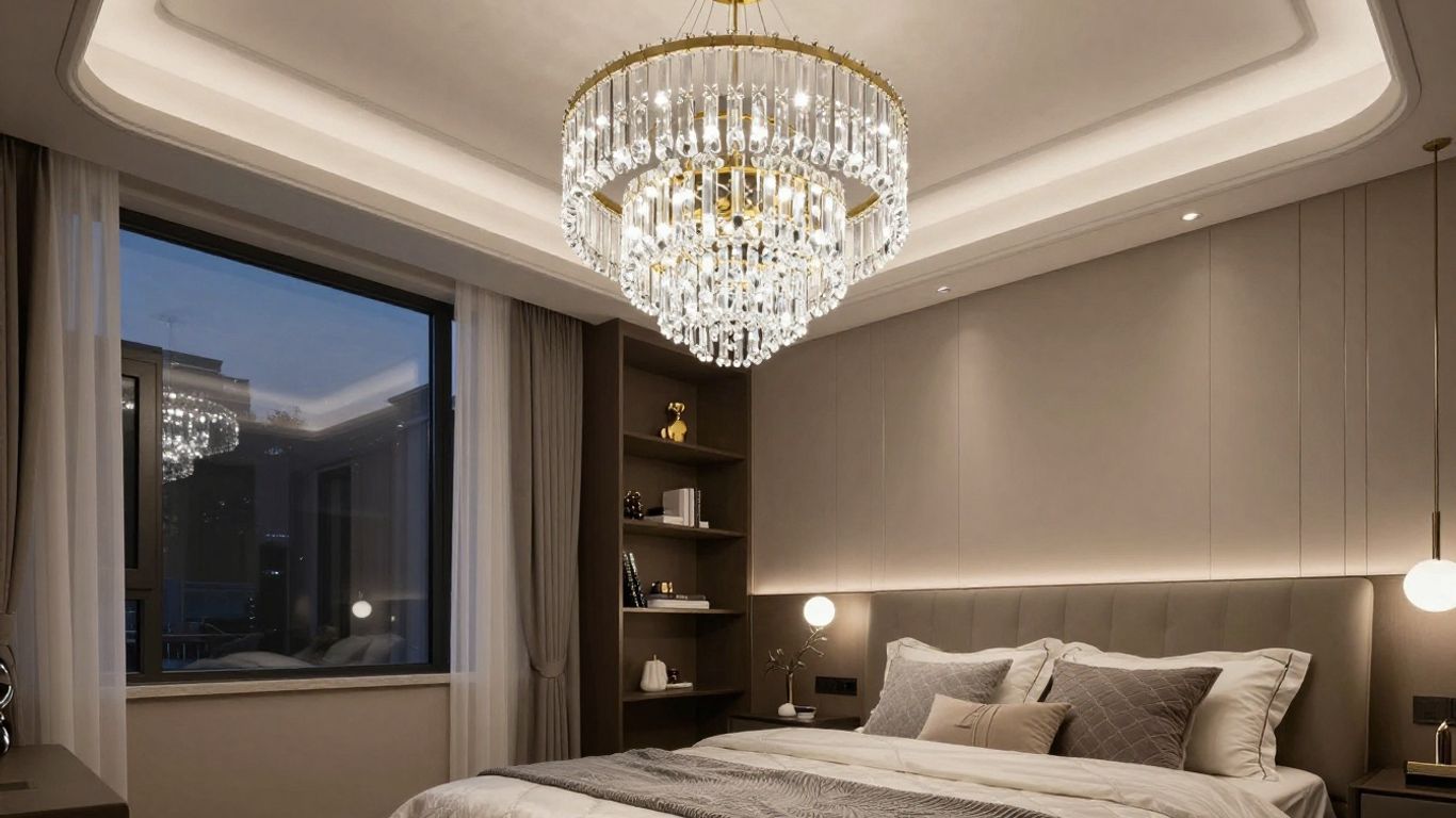 Modern bedroom with a crystal chandelier.