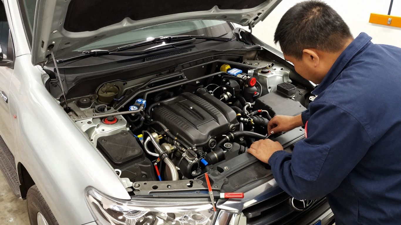 Mechanic inspecting a Toyota Hilux engine