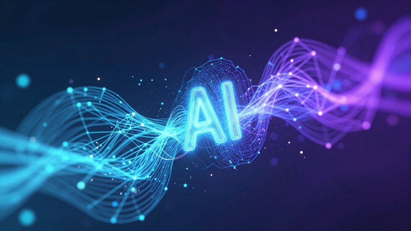 Abstract digital patterns and glowing neural networks suggesting AI advancement.