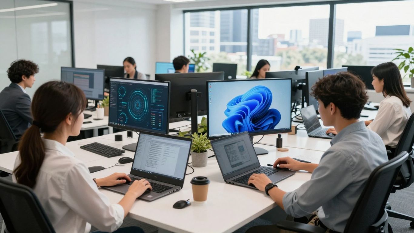 Brisbane small business team working with technology in office