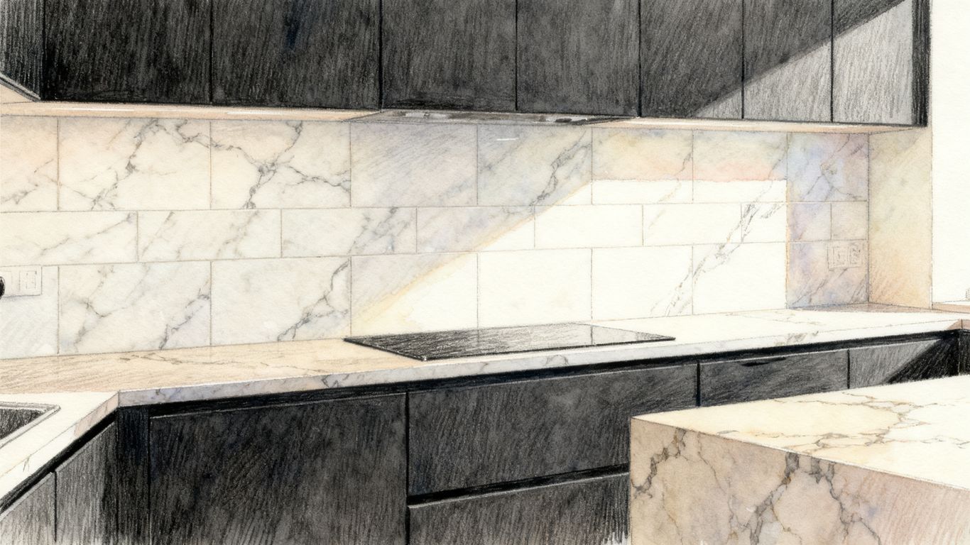 Light stone backsplash with dark cabinetry