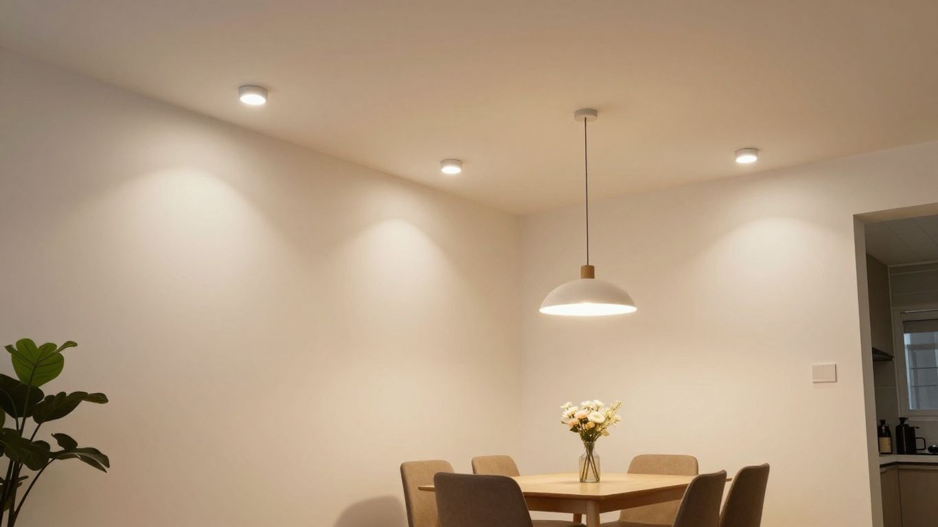 Low ceiling living room with bright, modern light fixtures.