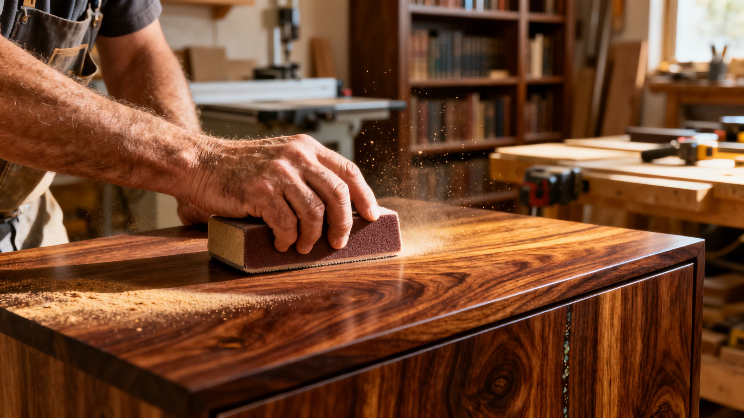 Craftsman sanding walnut for a custom library built-in.