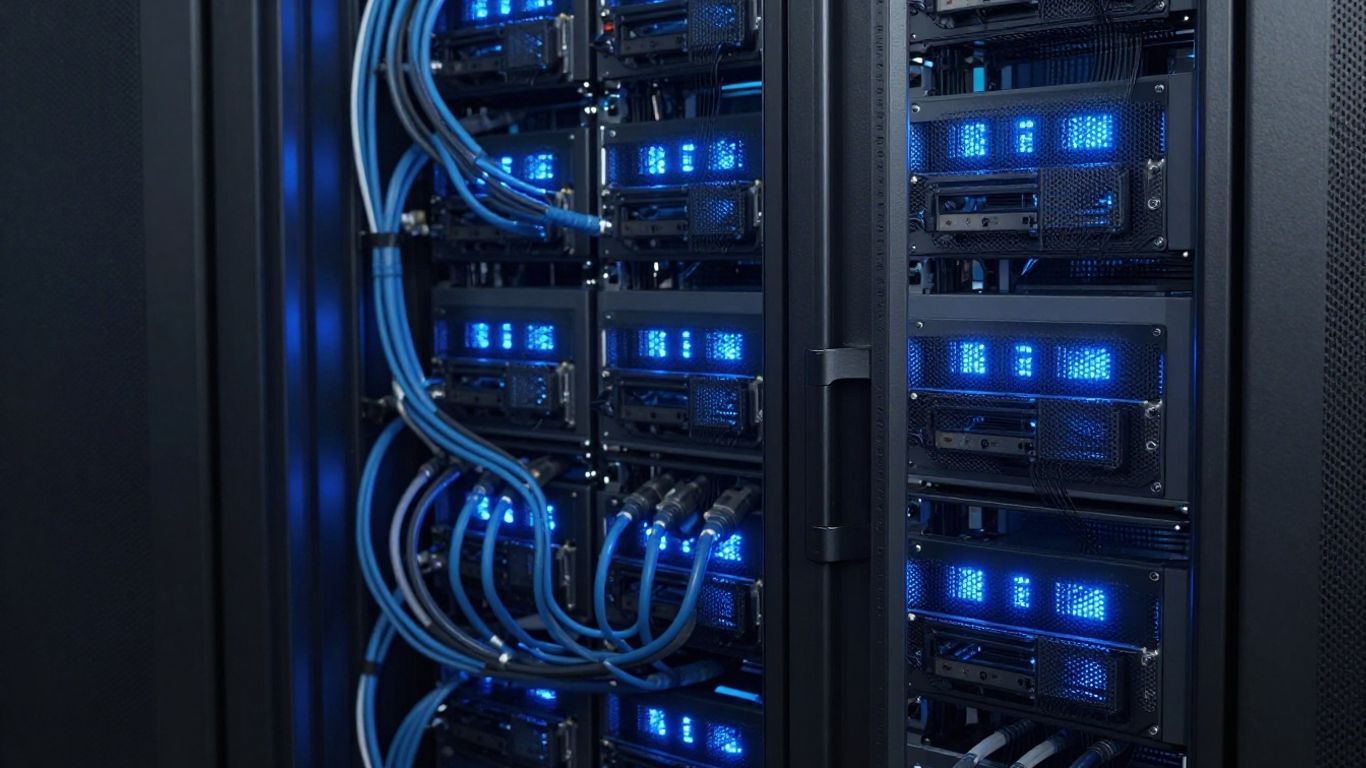 WP Engine server rack with blue lights