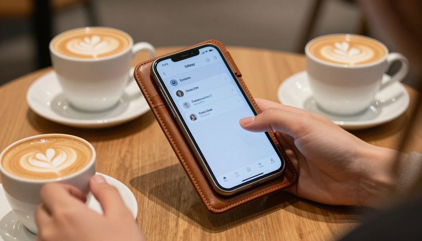 Someone sitting at a modern cafe in Brisbane, holding a Galaxy S25 Edge in a brown leather wallet case to tap and pay for their coffee.