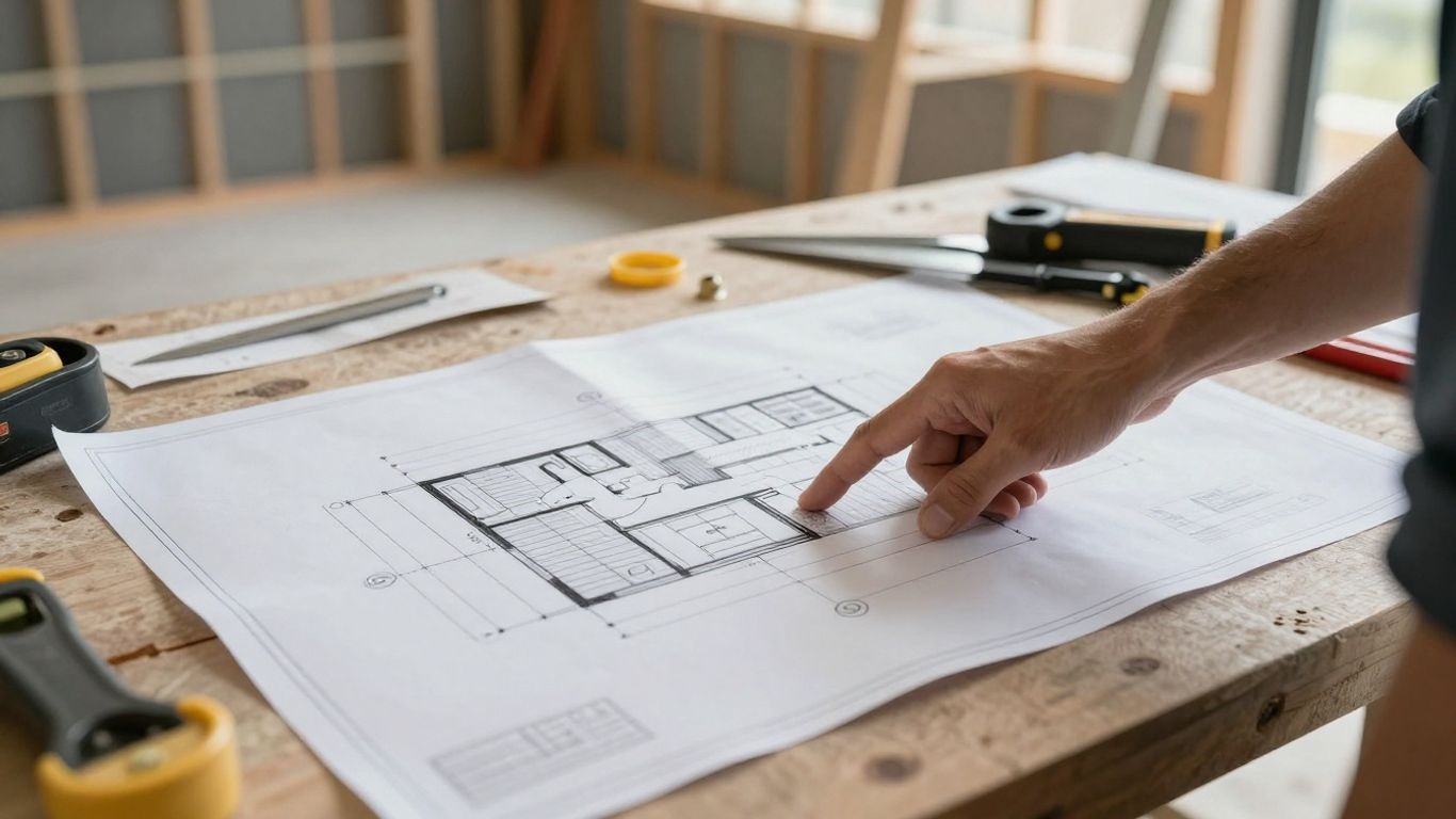 Builder reviewing blueprint at construction site.