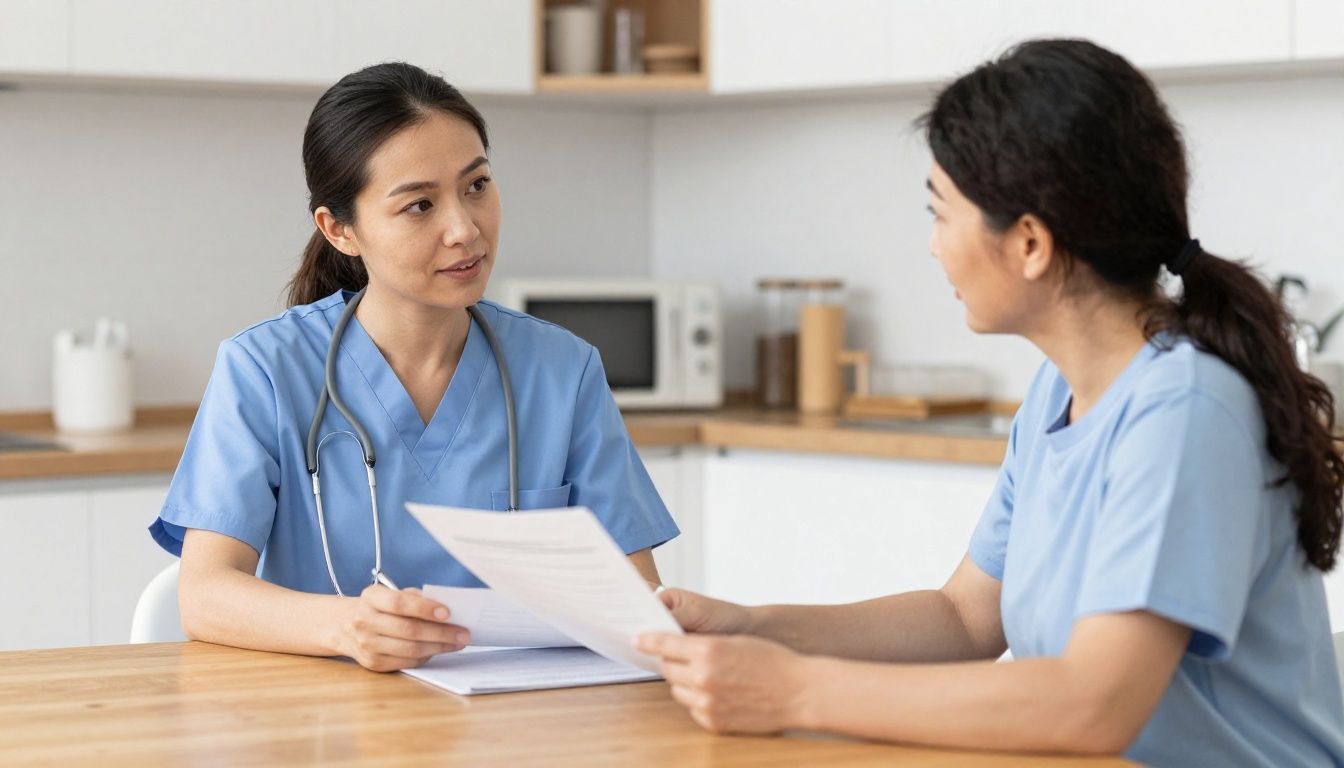 A compassionate female nurse in blue scrubs sits at a kitchen table, talking with a middle-aged woman, helping her review paperwork for home care options.