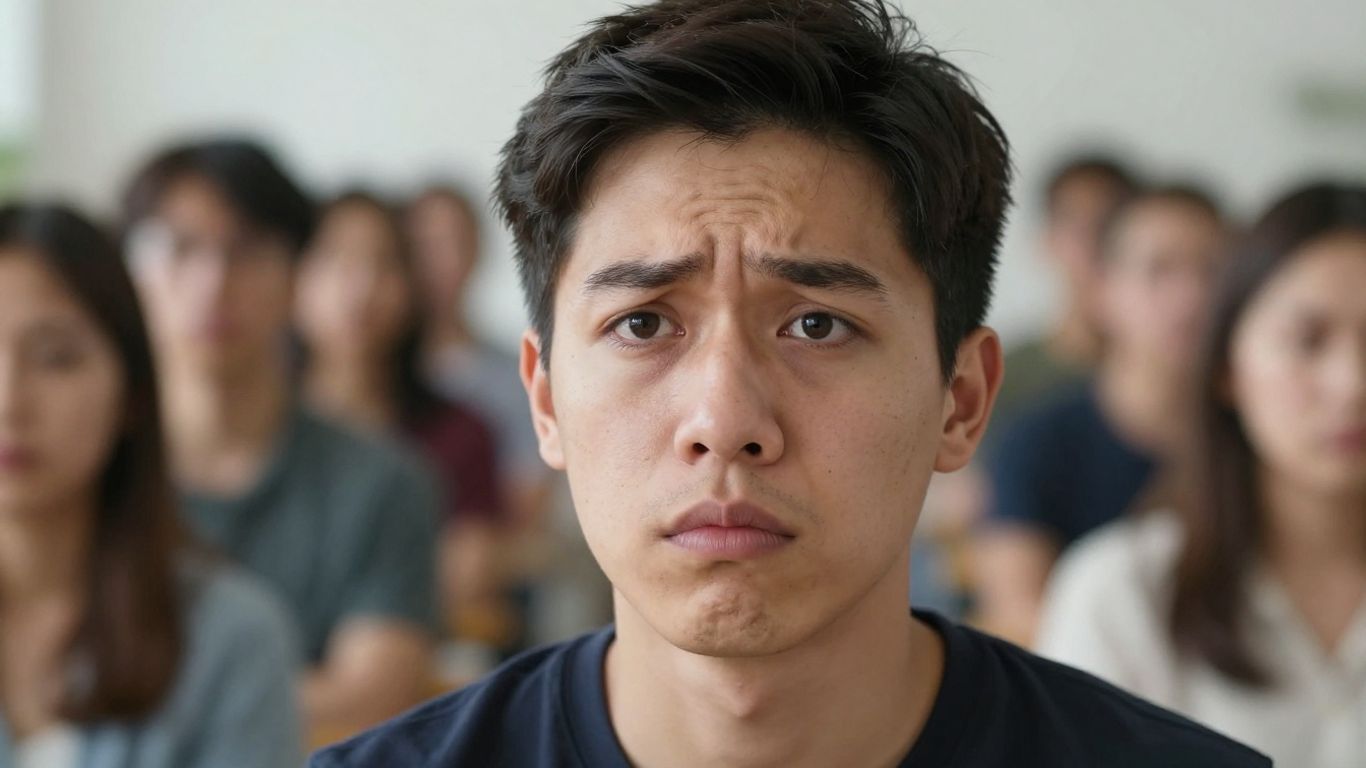 Confused adult looking overwhelmed, blurred busy background.