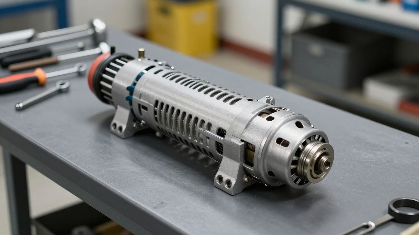 Inspecting a used silver automotive alternator on a clean workbench with tools nearby