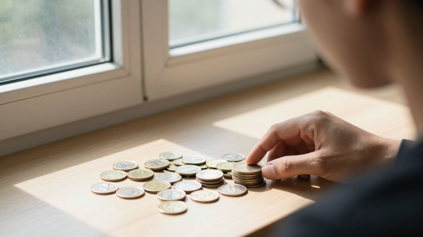 Financial planning with coins and sunlight.
