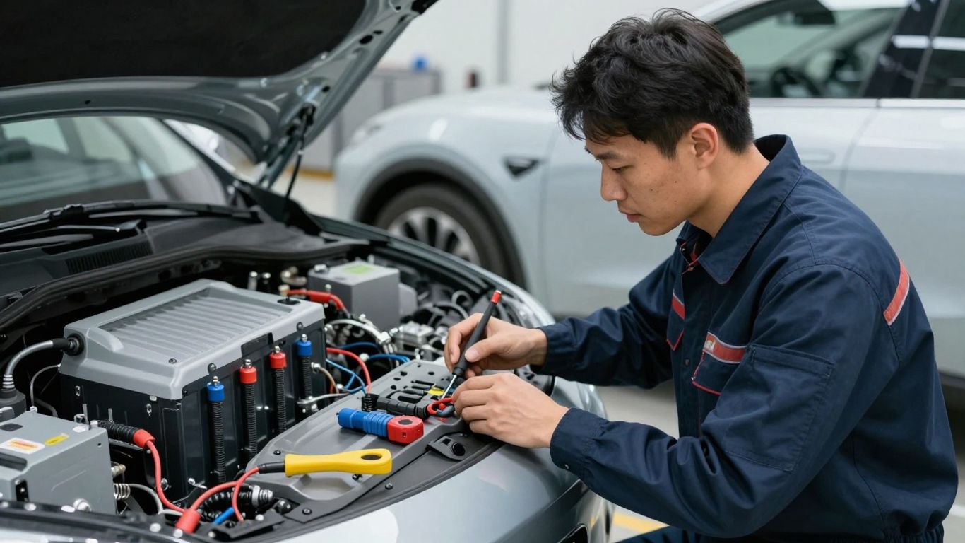 Technician comparing EV parts beside a workshop vehicle