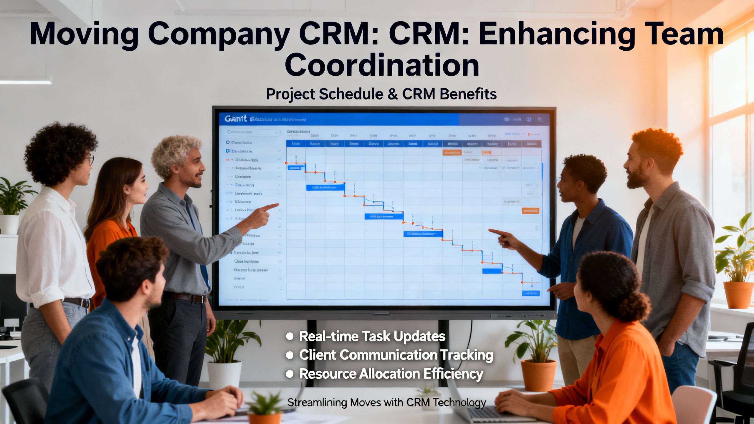A team collaborating around a large screen showing a project schedule, demonstrating the benefits of a moving company crm for team coordination.