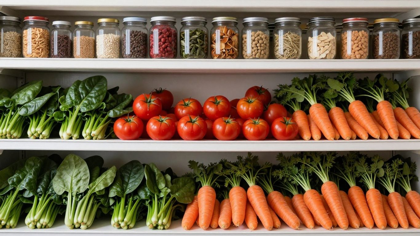 Organized pantry shelves with fresh produce and storage containers.