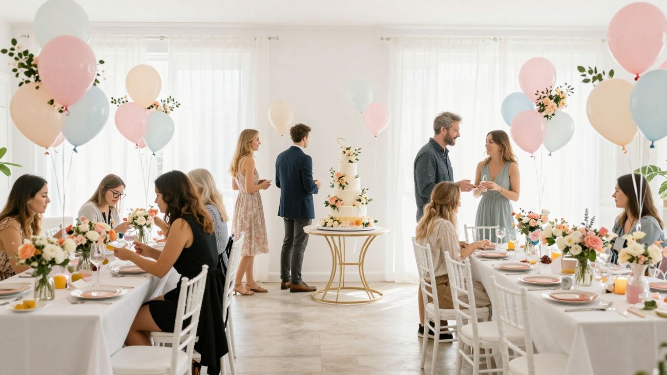 Elegant baby shower venue with balloons and floral decor.