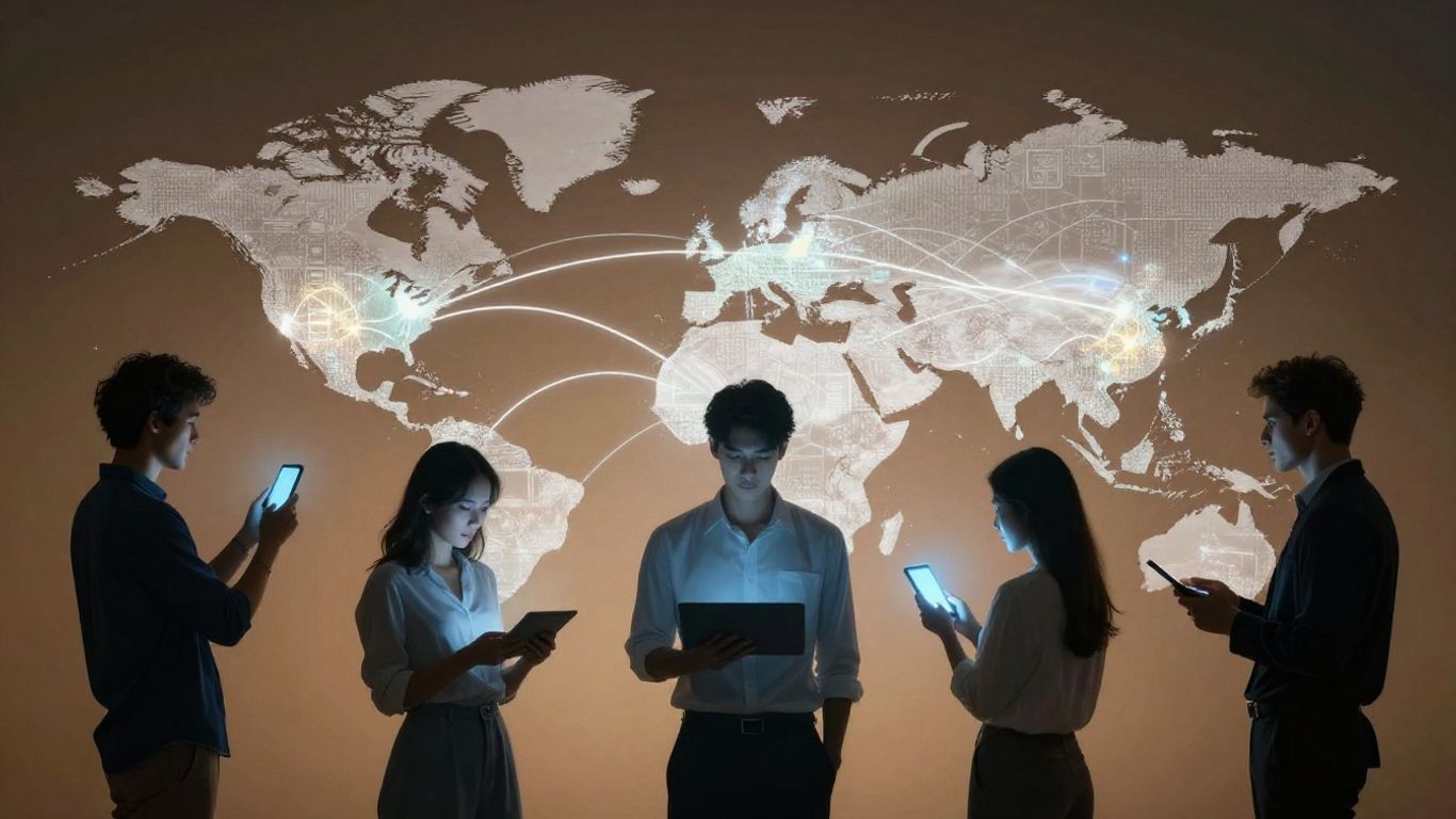 Global digital connections linking diverse people via smartphones.