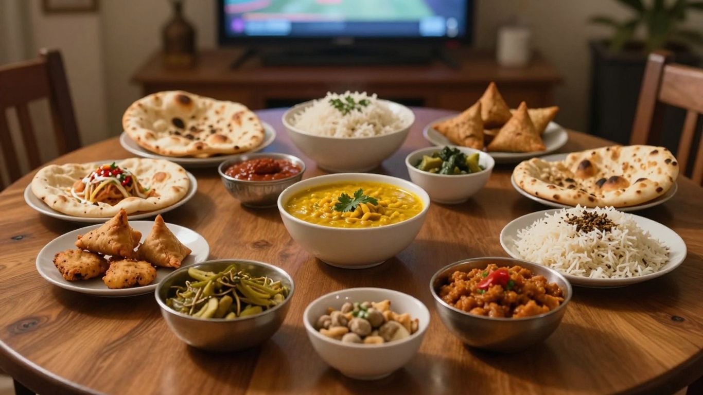 Punjabi dishes arranged for cricket viewing