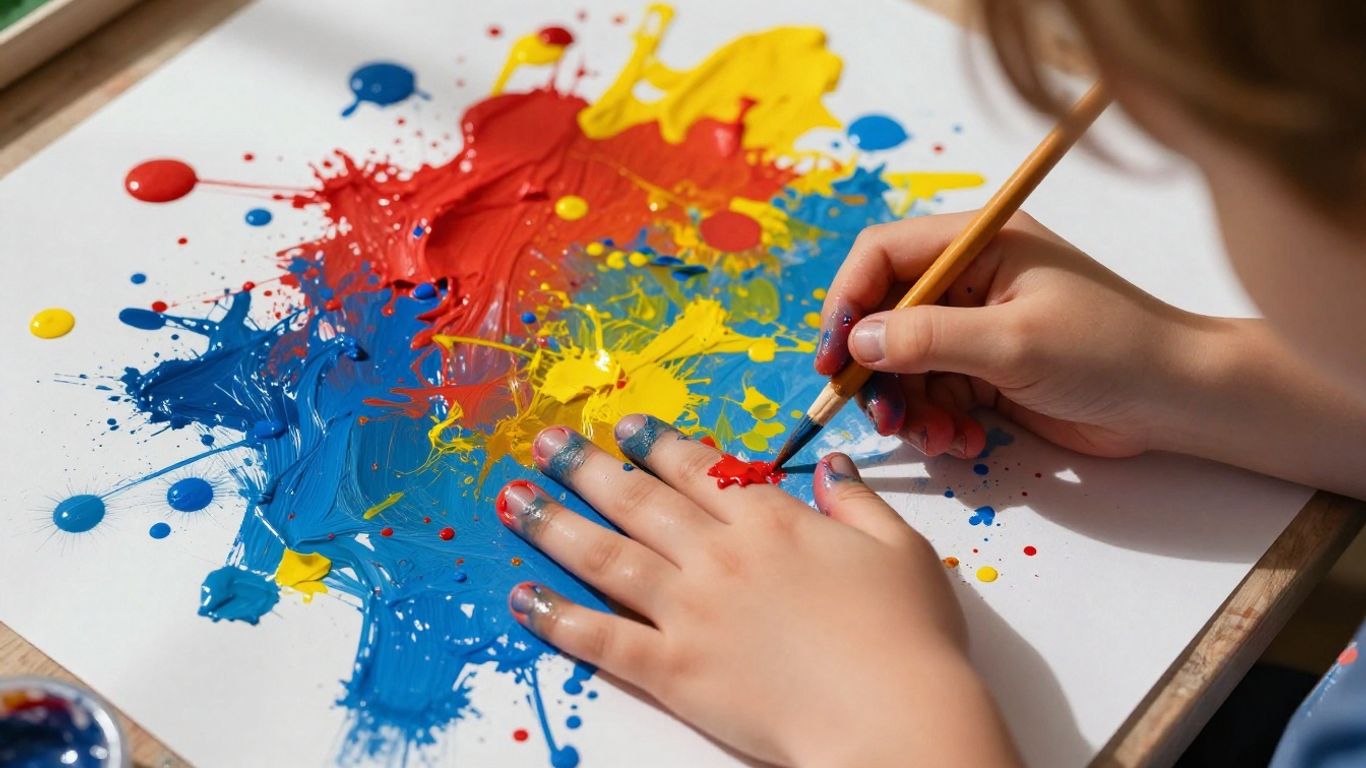 Child's hands painting with bright, colorful paints.