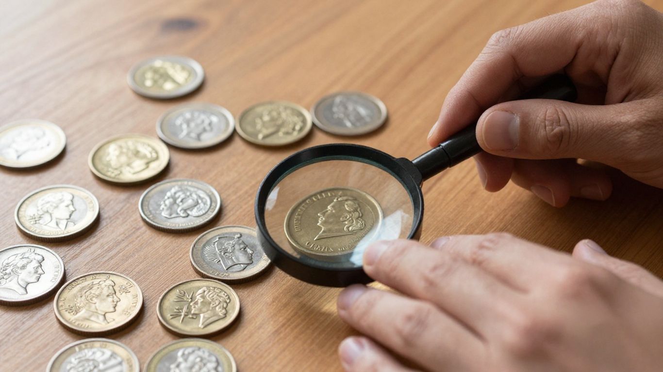 Hands inspecting rare coins with magnifying glass