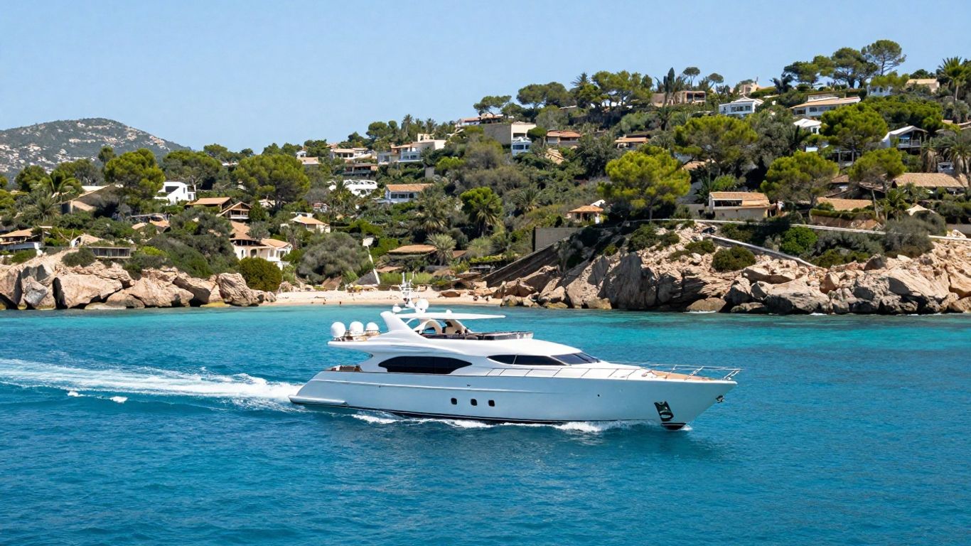 Luxury yacht sailing on clear blue Ibiza waters.