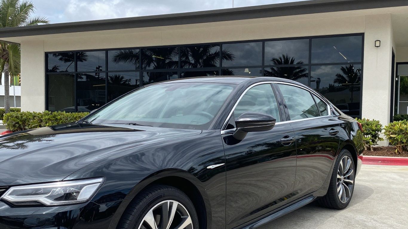 A clean black executive sedan parked in front of a private terminal