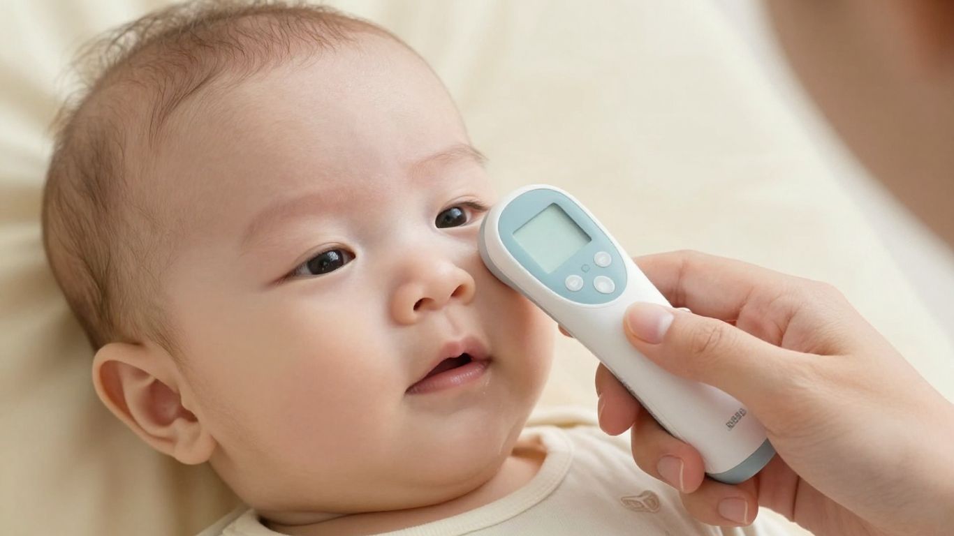 Bebé con fiebre, mano adulta tocando su frente.