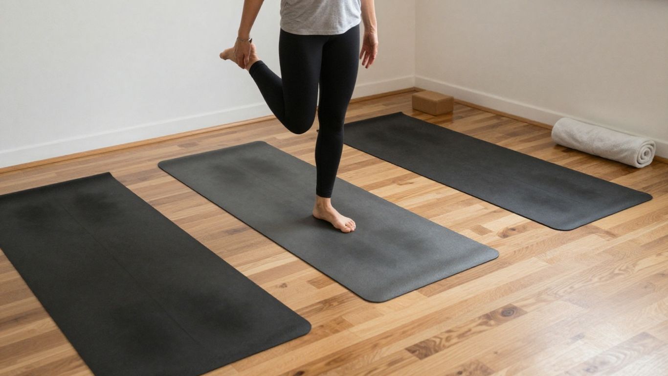 Yoga practitioner comparing mats in a bright studio