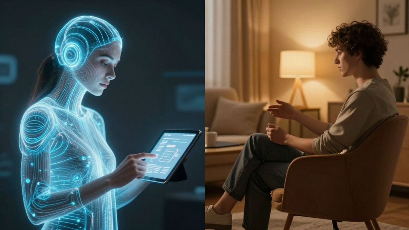 AI coach interface versus human therapist session.