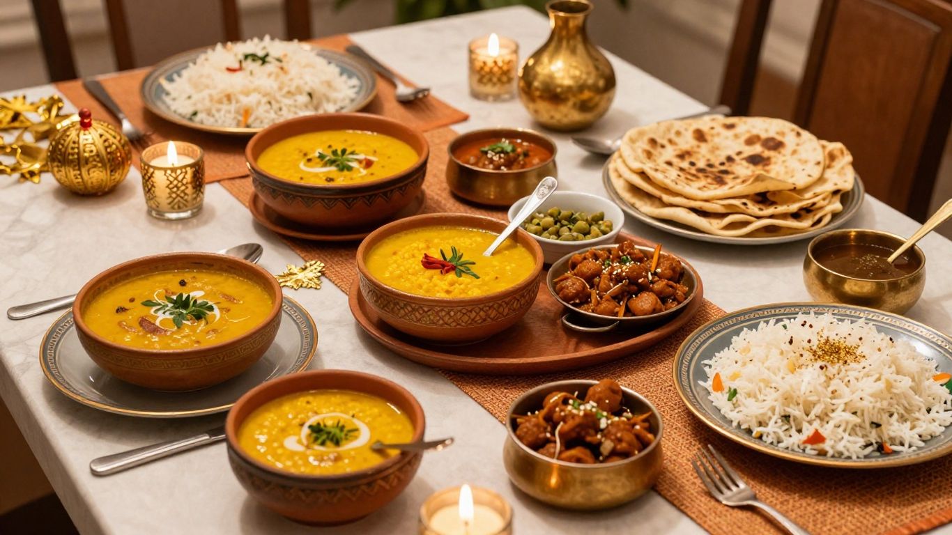 Indian buffet with curries rice and breads