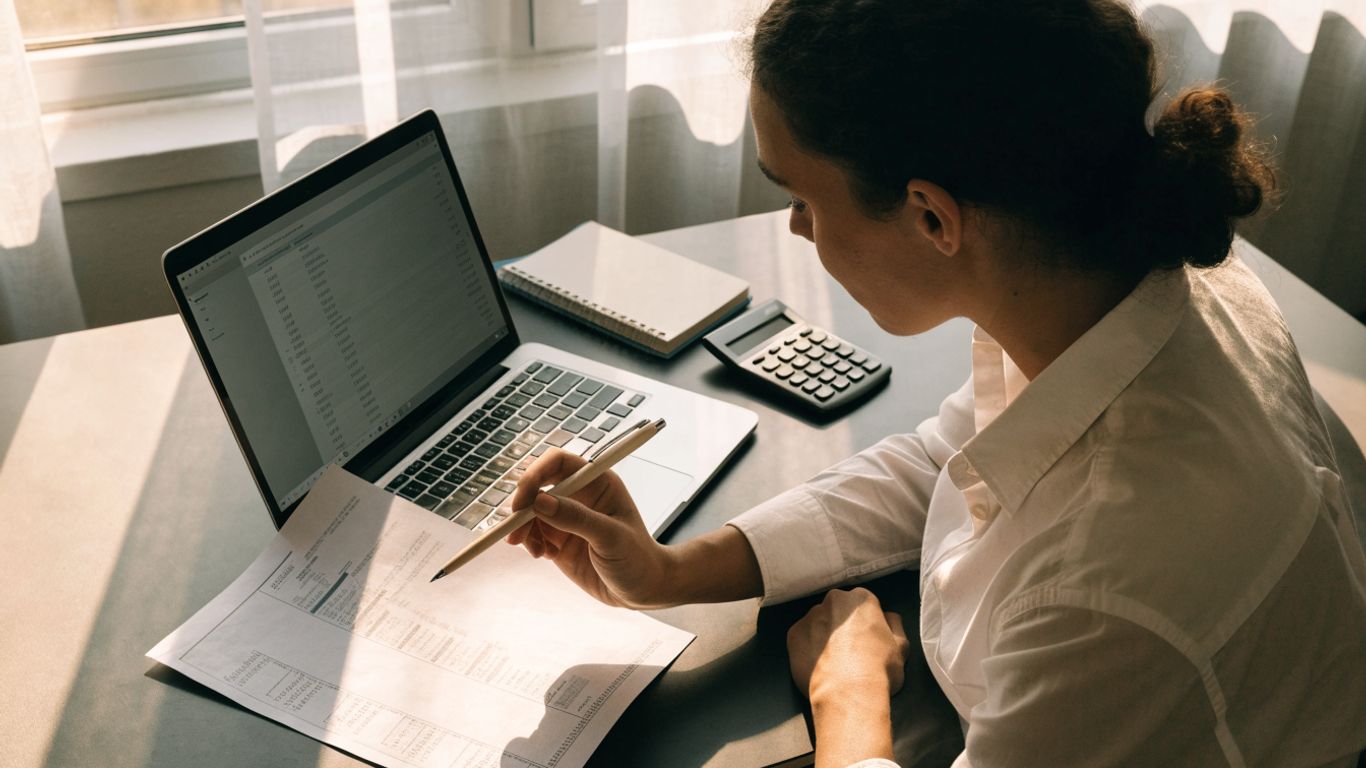 Person reviewing a bank statement and ledger