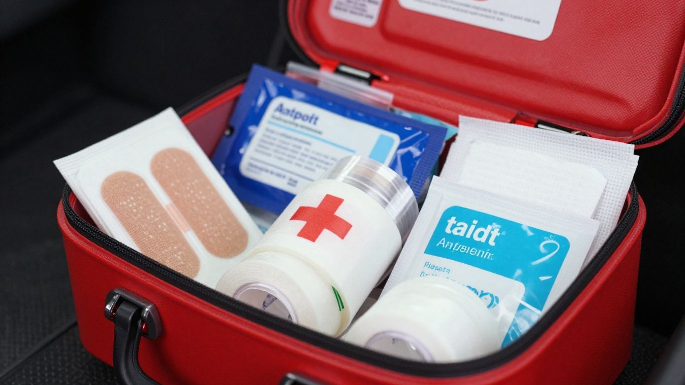 Vehicle first aid kit with medical supplies.
