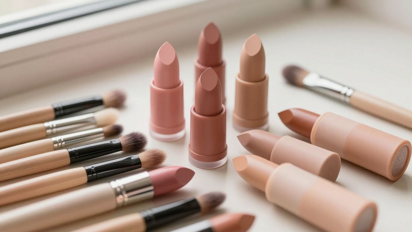 Soft pink nude lipstick beside mixed complexion tones