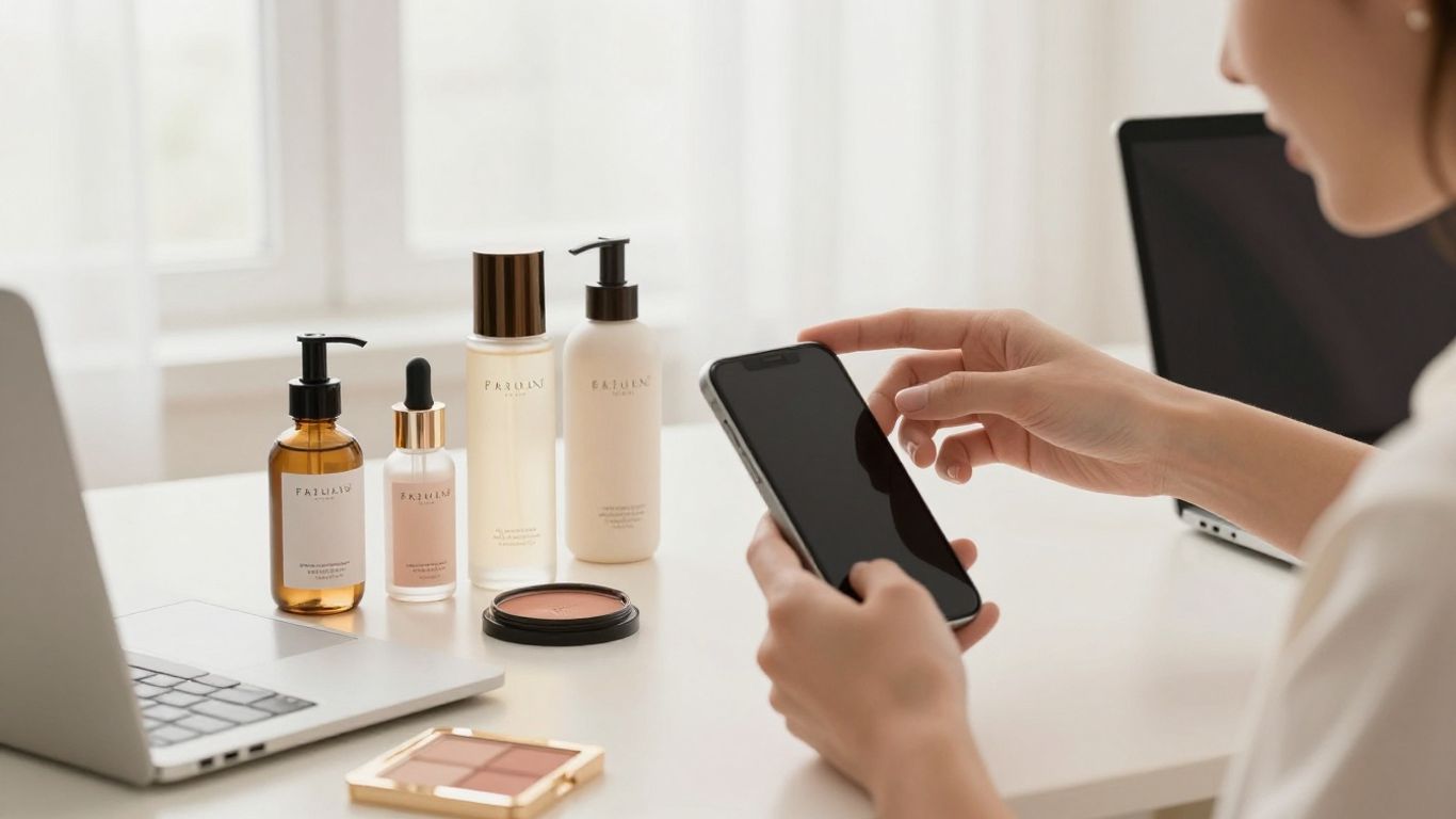 Aesthetic creator reviewing campaign content beside skincare products