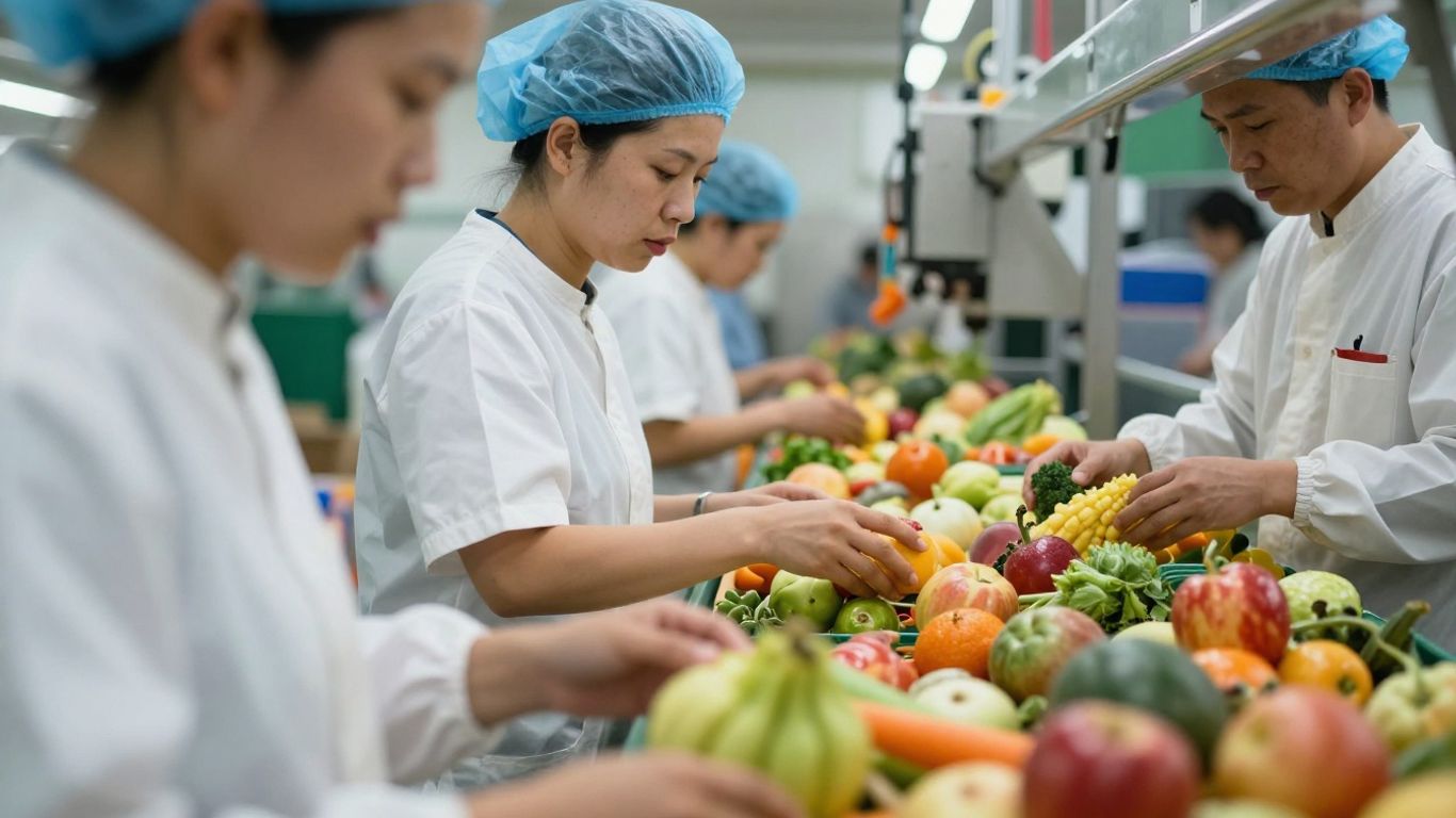 Lebensmittelproduktion mit Fokus auf Qualitätskontrolle und Effizienz.