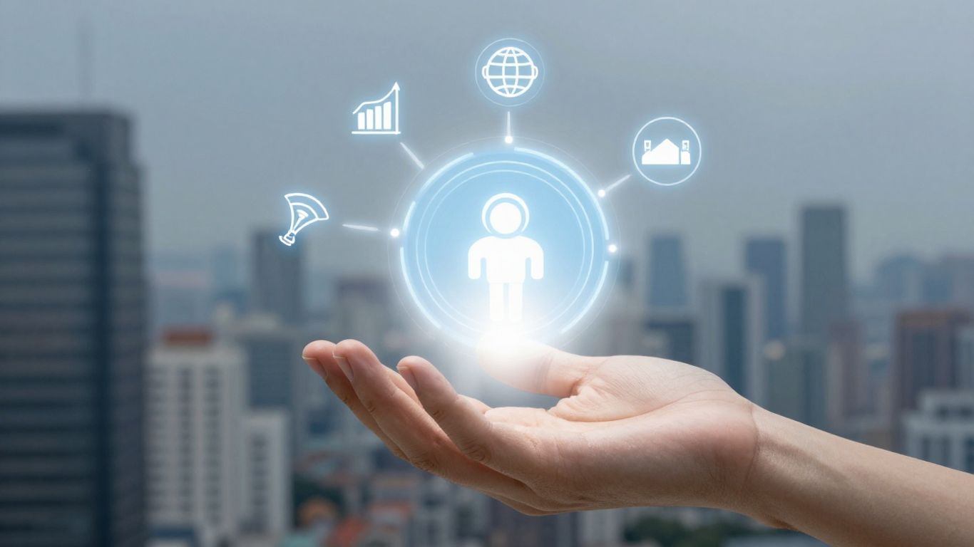 Hand picking glowing startup icon from abstract shapes