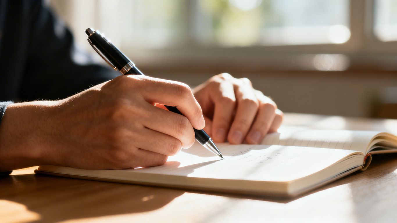 Hands writing in a notebook with a pen.