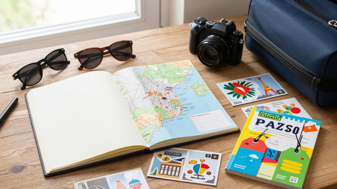 Colorful travel notebook with maps camera and postcards