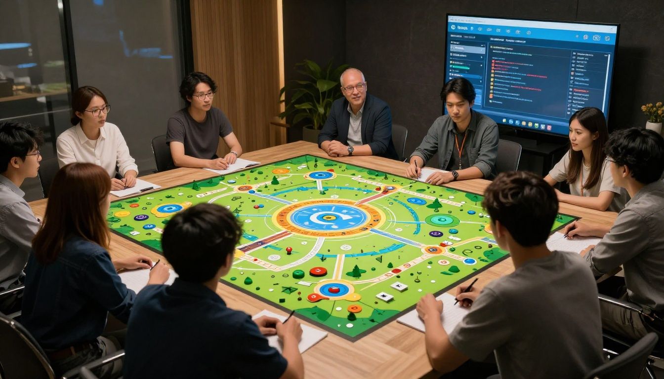 Representação artística de um designer de jogos trabalhando em uma planta baixa de um mapa futurista de ação