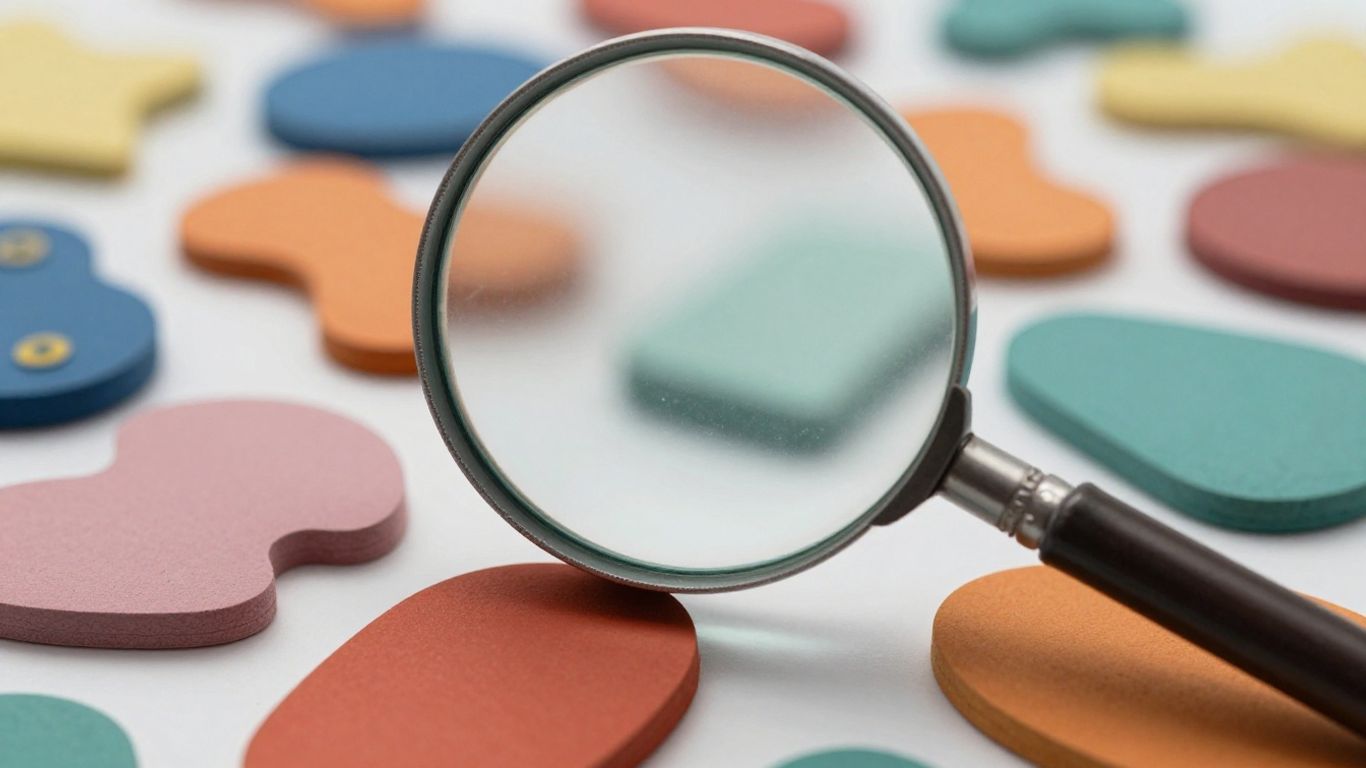 Magnifying glass over abstract shapes for keyword analysis.