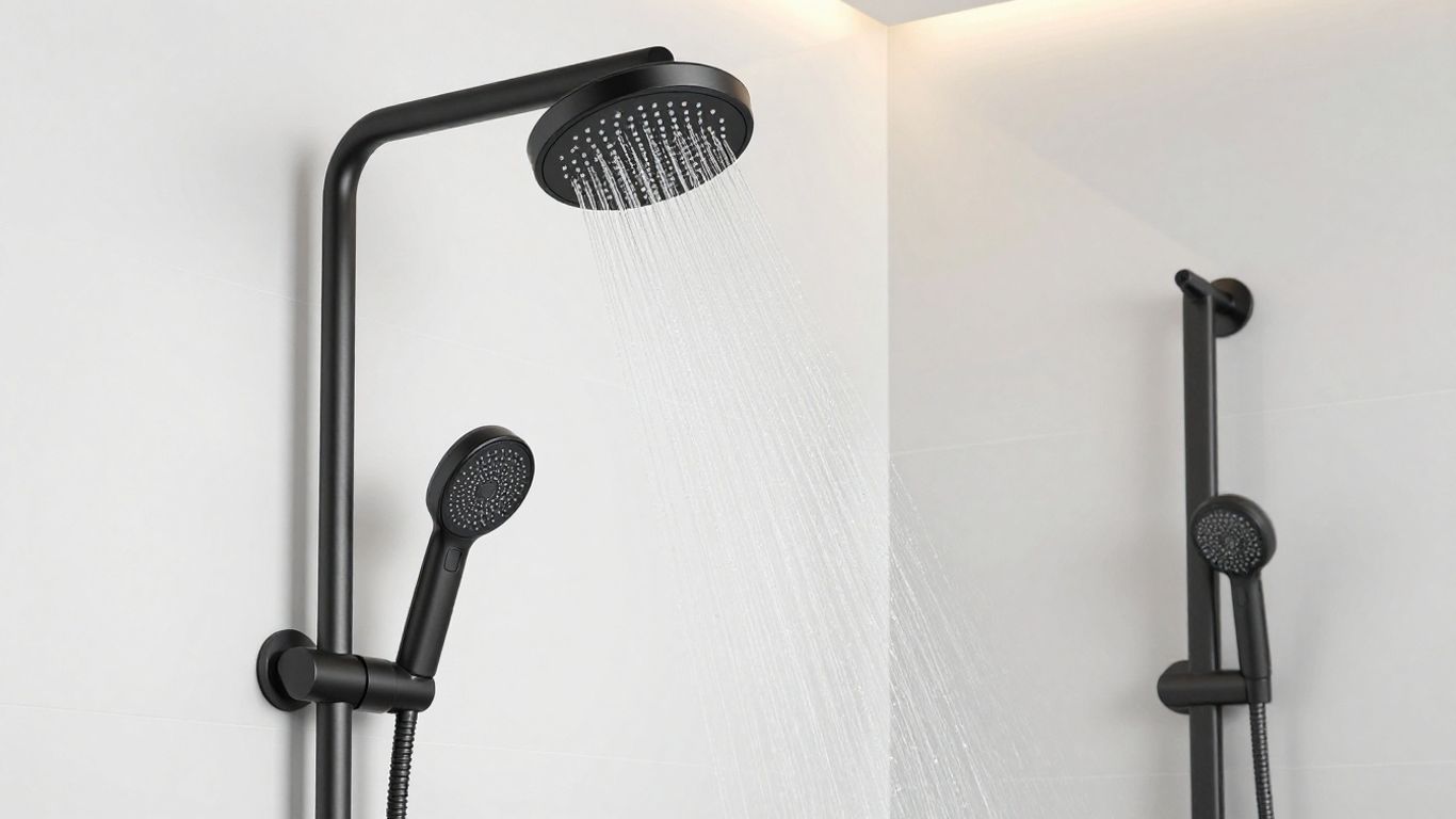Modern black digital shower system in a luxury bathroom.