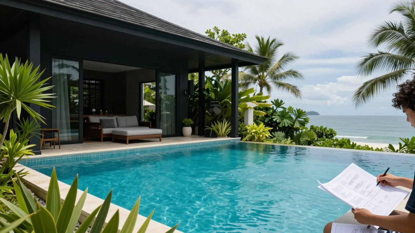 Phuket villa inspection with blueprints and tropical scenery.