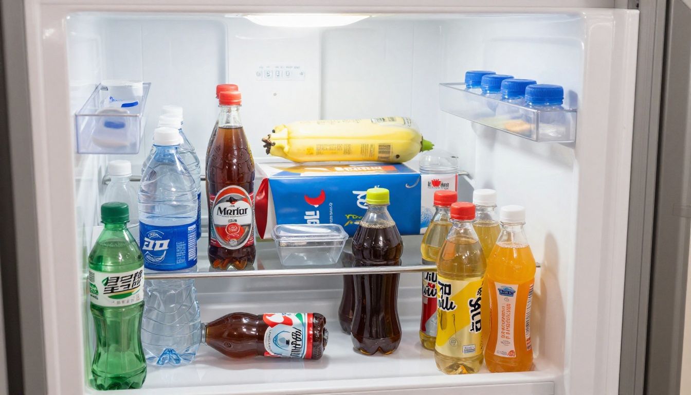 A refrigerator door organized with only non-carbonated drinks like water bottles and sports drinks.