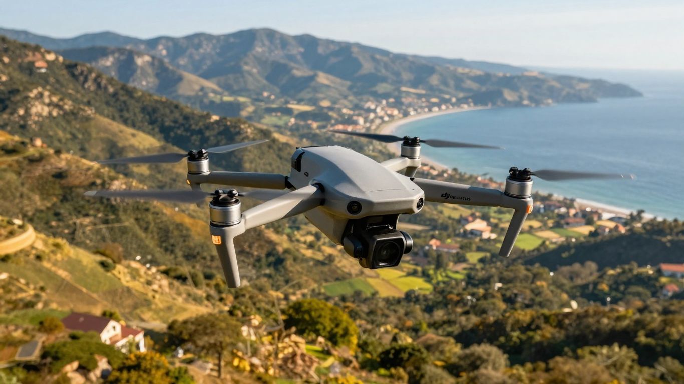 DJI Air 3 drone flying over a scenic landscape.